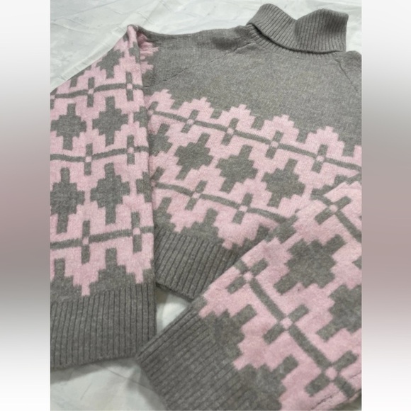 NEW H&M Jacquard Gray & Pink Fair Isle Turtleneck Sweater Women’s S Cropped - Picture 14 of 15